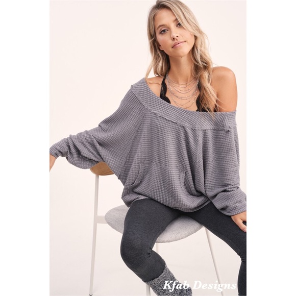 LAST! Talking Cozy! Gray Drop Shoulder Waffle Knit Top - Picture 2 of 4